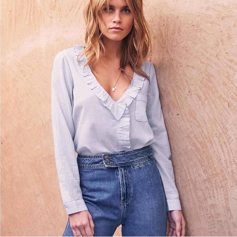 Sezane Chemise Capucine Blue White Stripe Ruffle Trim Neckline Poplin Blouse 38